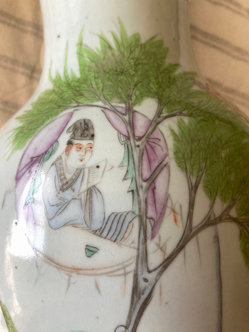 中国古美術 清末民国時代　豆青釉浅降彩大花瓶42cm　漁樵耕読