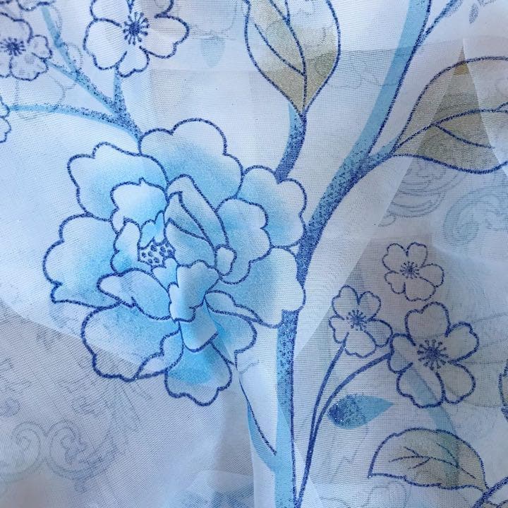 加工ひまわり＆ブルー ホワイト 洗濯可 ミラー レース のれん突っ張り棒