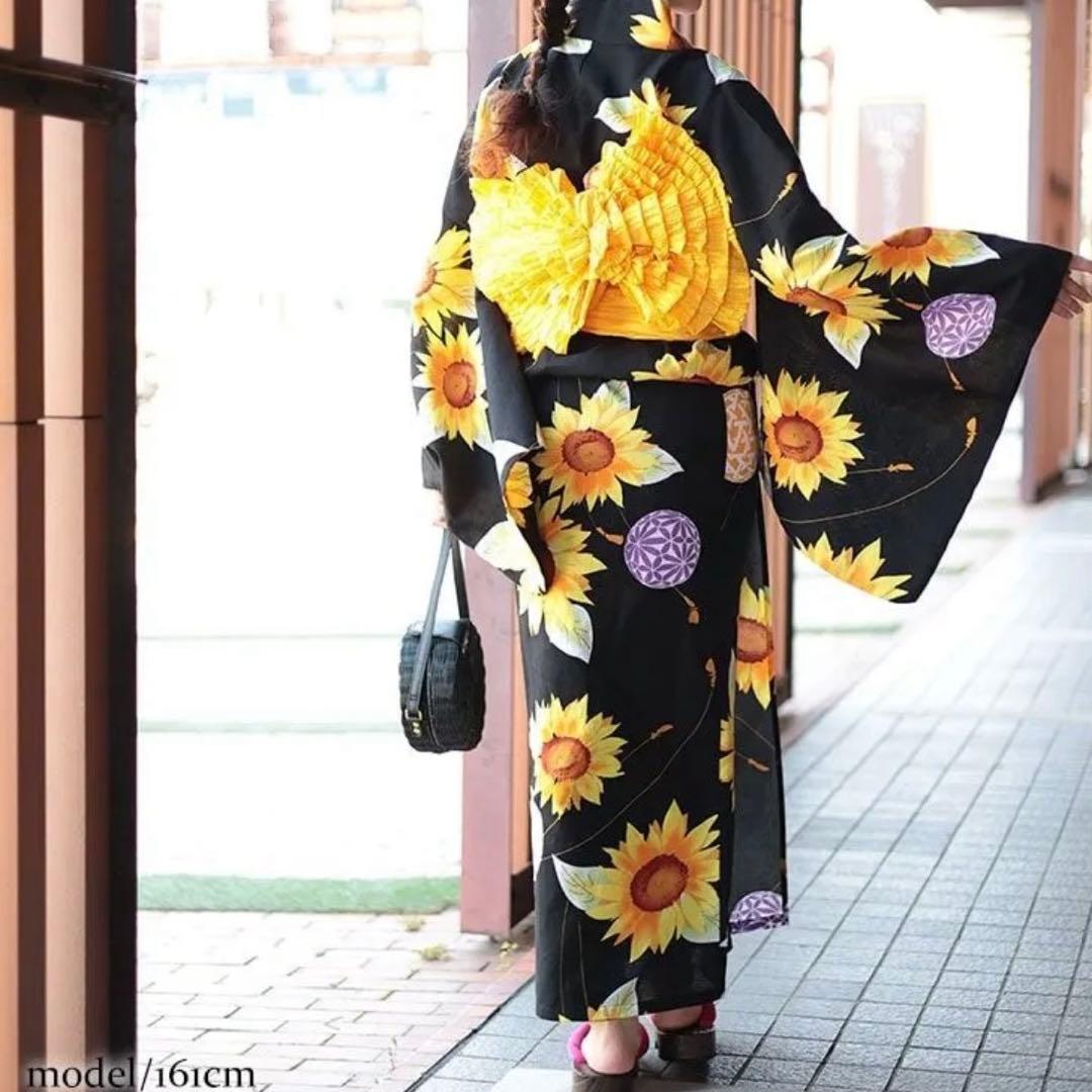✨新品✨大きいサイズ レディース 鞠ひまわり柄浴衣＆結び帯2点セット ぽっちゃり