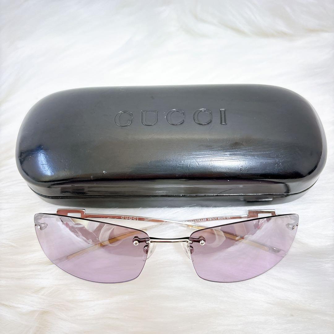 美品✨グッチ　サングラス　ラインストーン　ケース付き　リムレス　ラインストーン