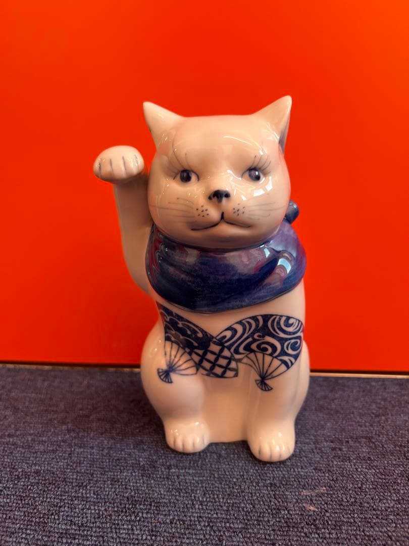 1273  九谷焼　角福　染付扇文　招き猫　時代物