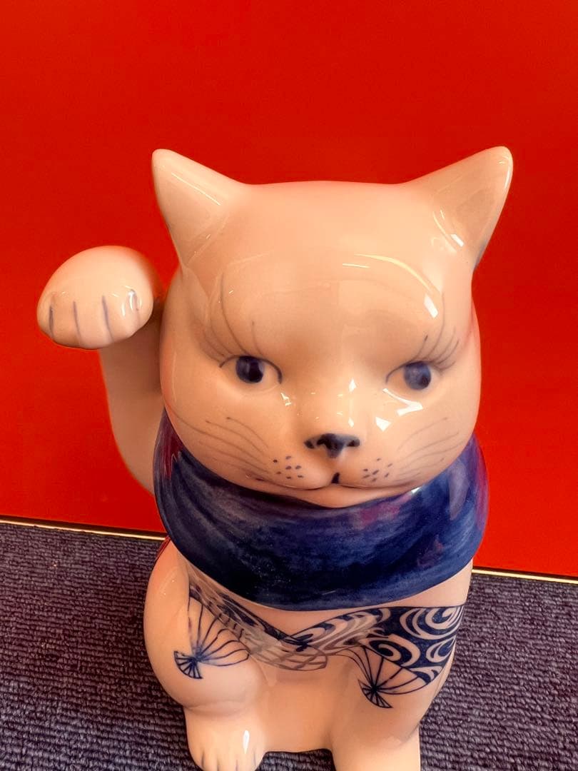 1273  九谷焼　角福　染付扇文　招き猫　時代物