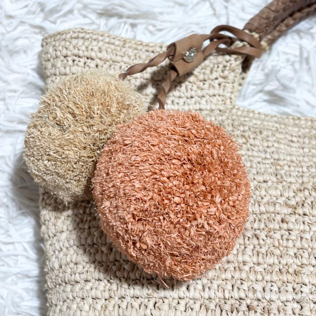 美品 収納袋付き ヘレンカミンスキー ラフィア カゴバッグ ポンポン 本革