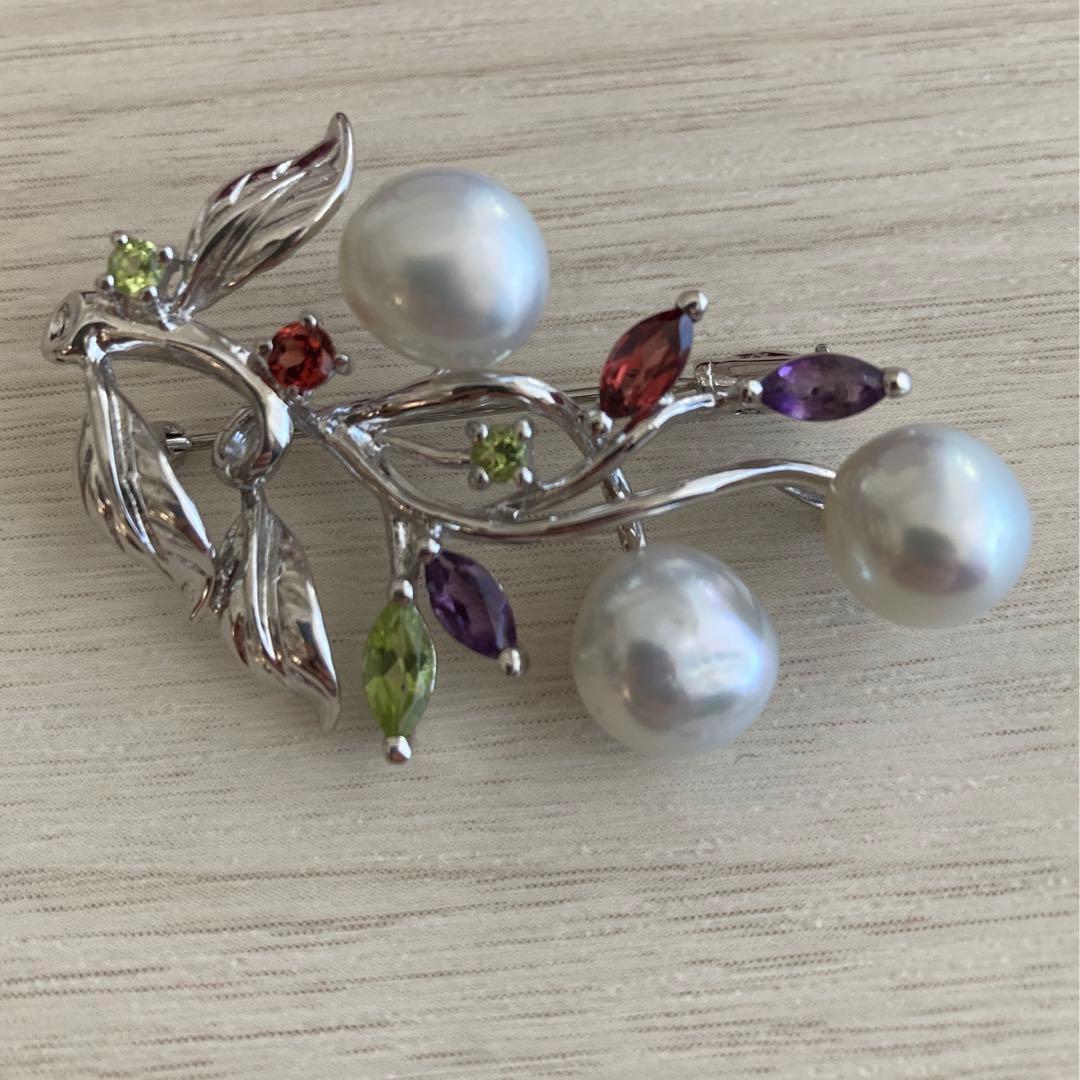 ブローチ パール　カラーストーン　シルバー925　南洋真珠　白真珠　ペンダント