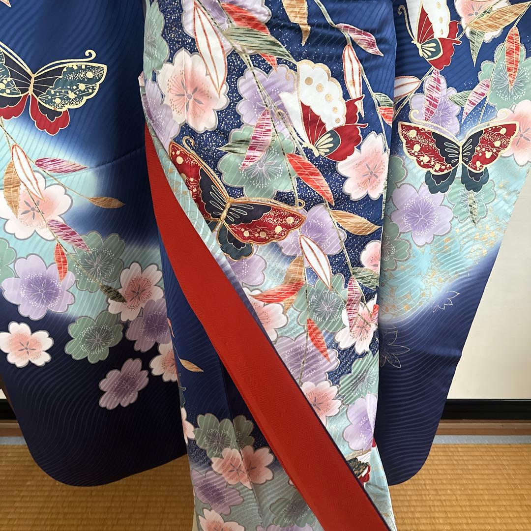 【最終価格】すっきり青地に蝶が素敵！振袖フルセット　成人式前撮り
