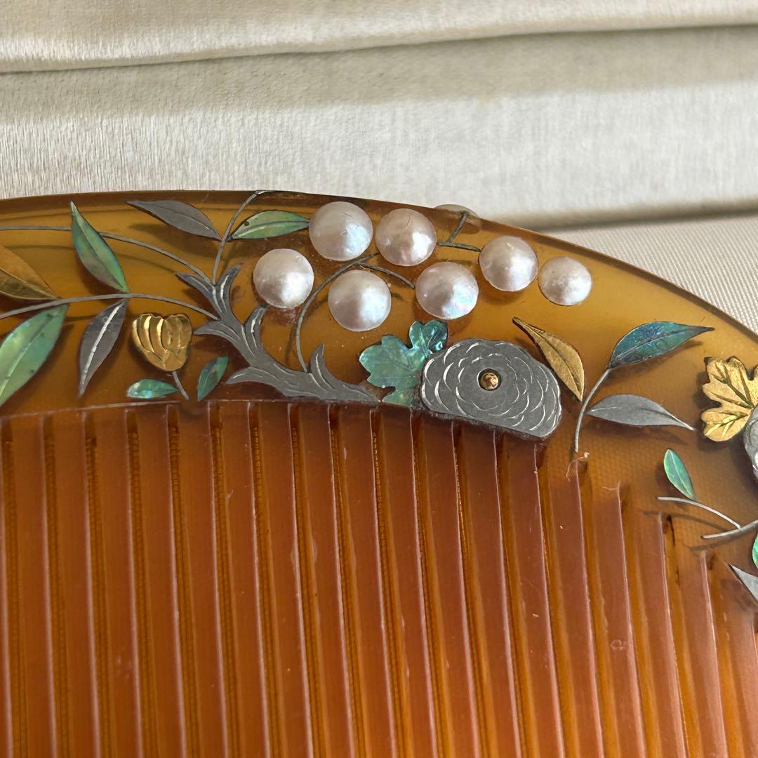 アンティーク　白甲に螺鈿さんご真珠　春風作　かんざし笄セット