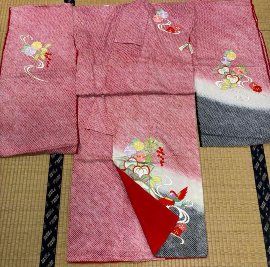 七五三　四ツ身女の子着物　正絹　仮絵羽　赤　豪華絞り　刺繍　片輪車　鴛鴦