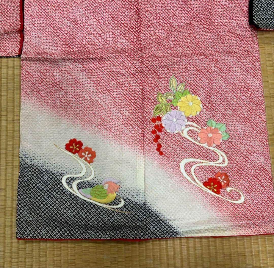 七五三　四ツ身女の子着物　正絹　仮絵羽　赤　豪華絞り　刺繍　片輪車　鴛鴦