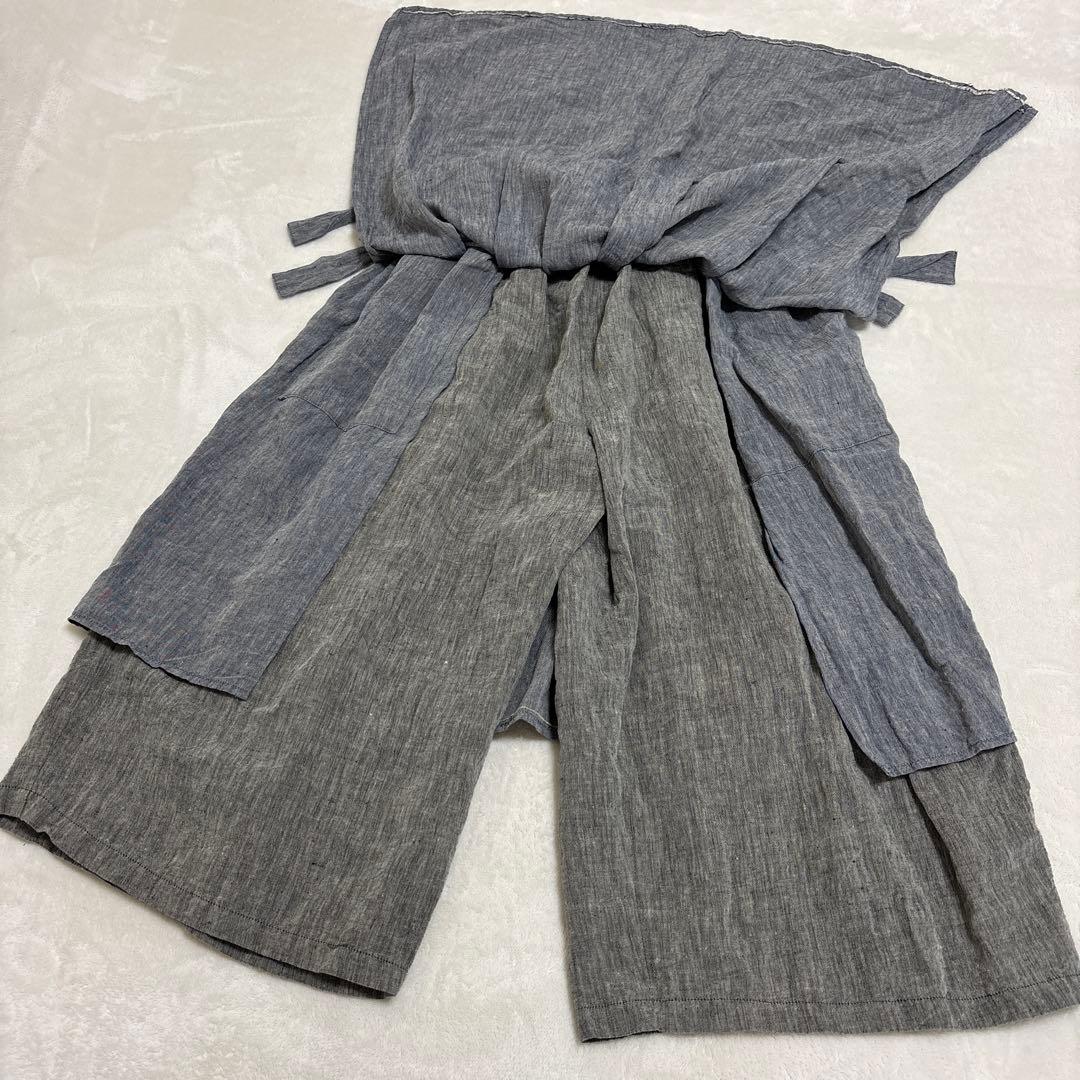 キャピタル リネン エプロン ガウチョ ワイドパンツ 総ゴム リボン ラップ