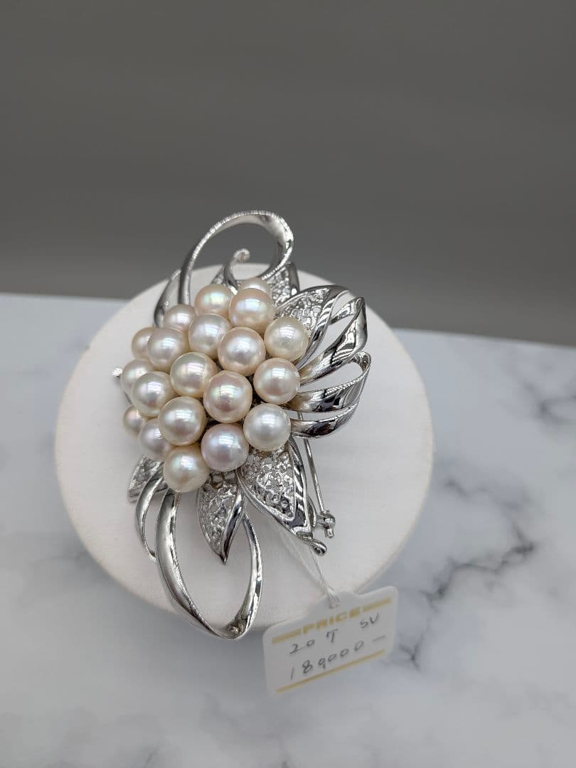 あこや真珠 ブローチ 大粒20珠 9.7×6.5cm 花デザイン　帯留め兼用