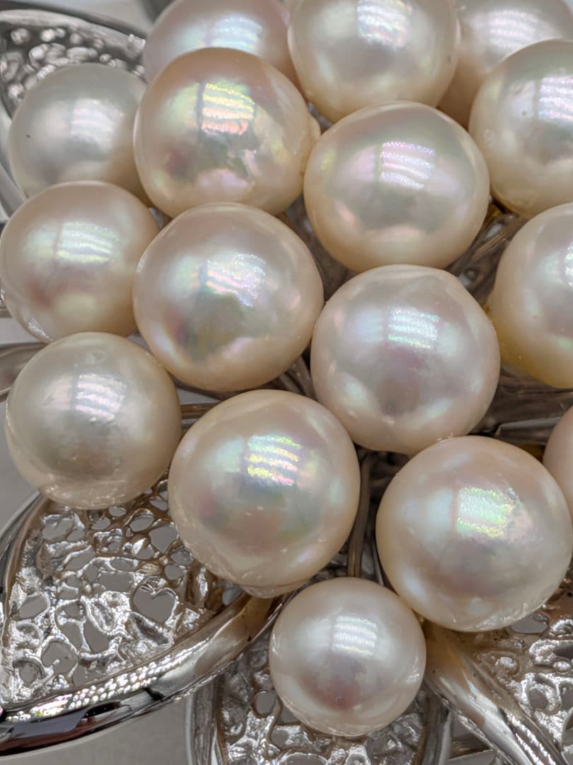 あこや真珠 ブローチ 大粒20珠 9.7×6.5cm 花デザイン　帯留め兼用