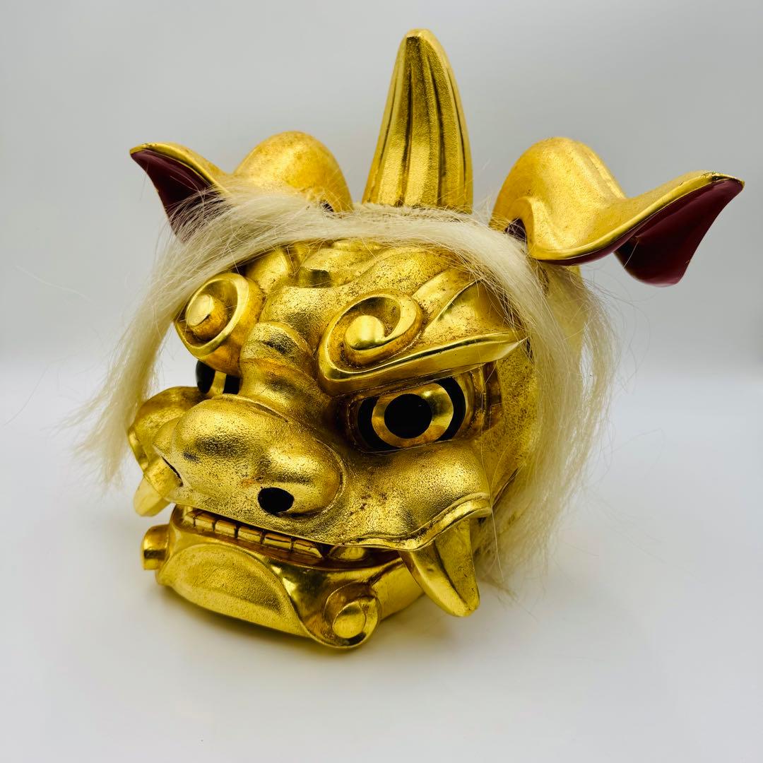 【木彫　瑞宝造　獅子頭　神具　縁起物　祭】邪気払い　骨董　アンティーク　共箱