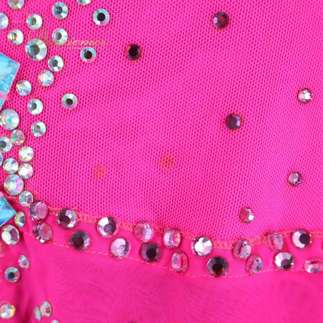 【社交ダンス衣装】ピンク ラテン ドレス ワンピース 蛍光 レース ビーズ デモ