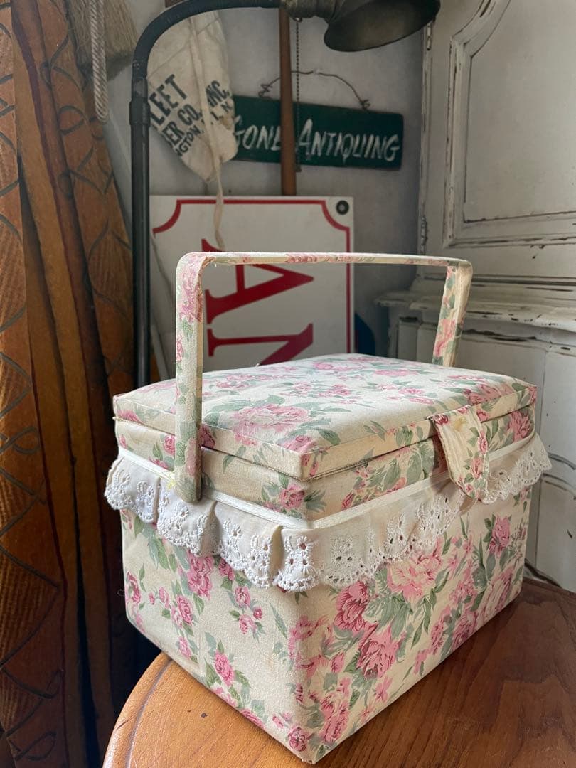 フランス　アンティーク　カルトナージュ　ボックス　収納箱　裁縫箱　ローズ　バラ