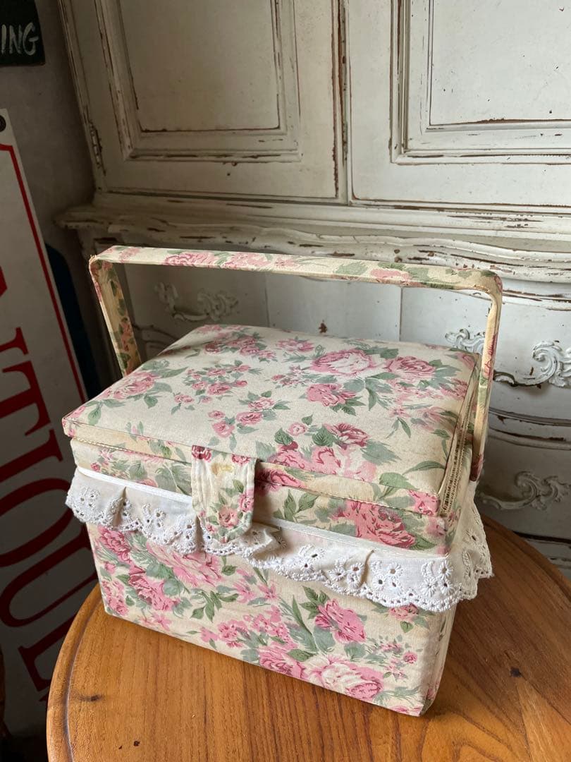 フランス　アンティーク　カルトナージュ　ボックス　収納箱　裁縫箱　ローズ　バラ