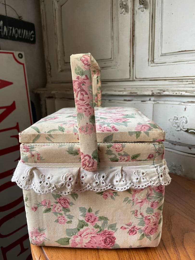 フランス　アンティーク　カルトナージュ　ボックス　収納箱　裁縫箱　ローズ　バラ