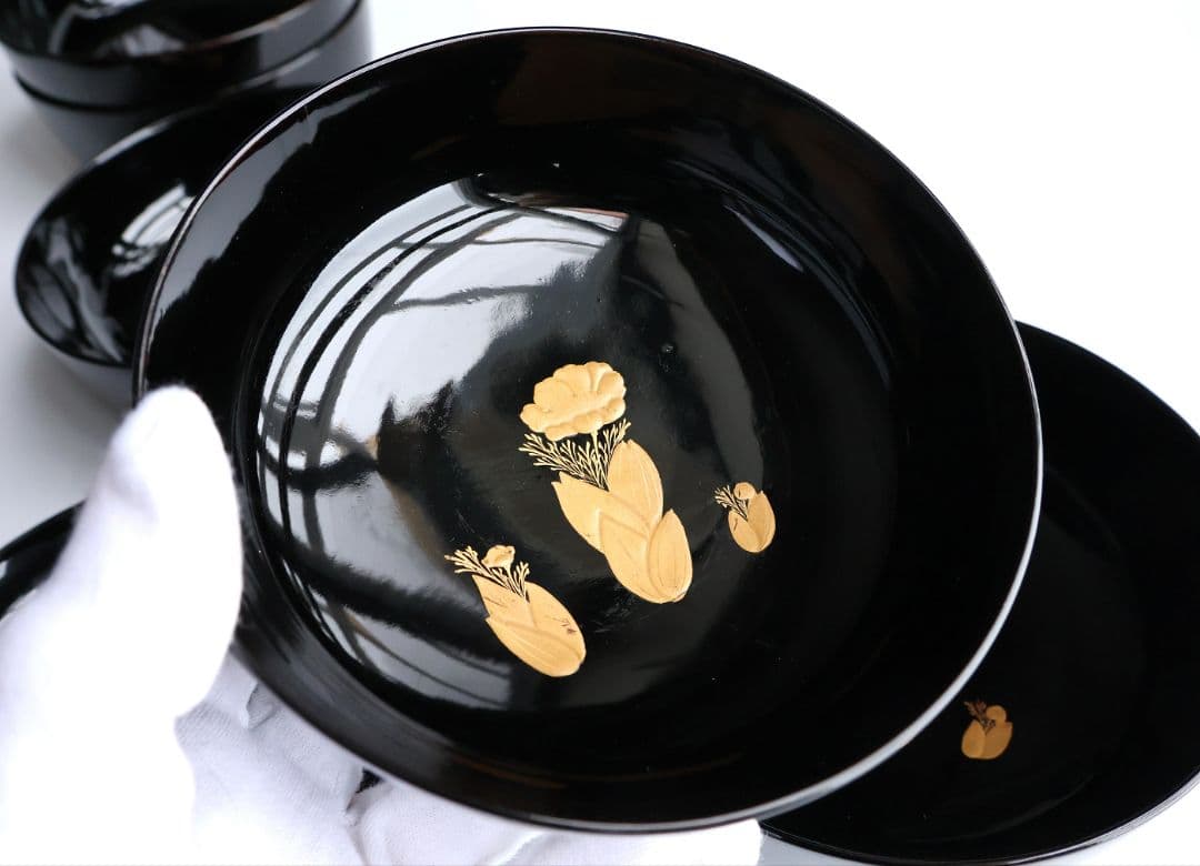 【CM416】訳あり 天然木漆塗 月と梅 福寿草 金蒔絵 黒塗椀 五客 大正昭和