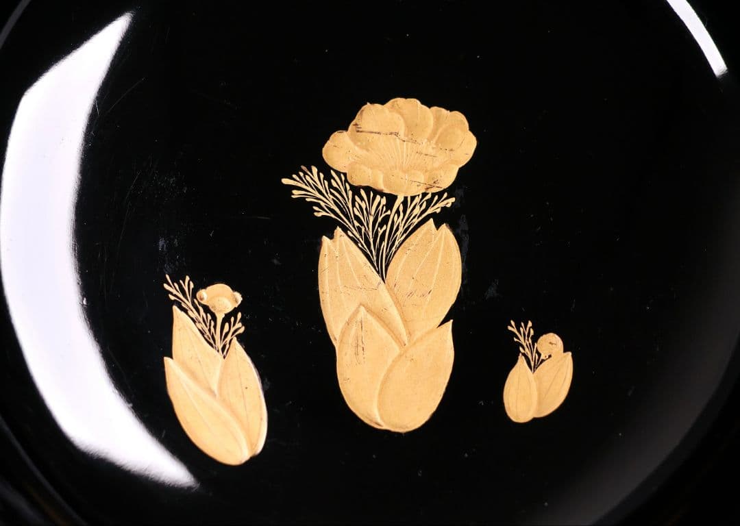 【CM416】訳あり 天然木漆塗 月と梅 福寿草 金蒔絵 黒塗椀 五客 大正昭和