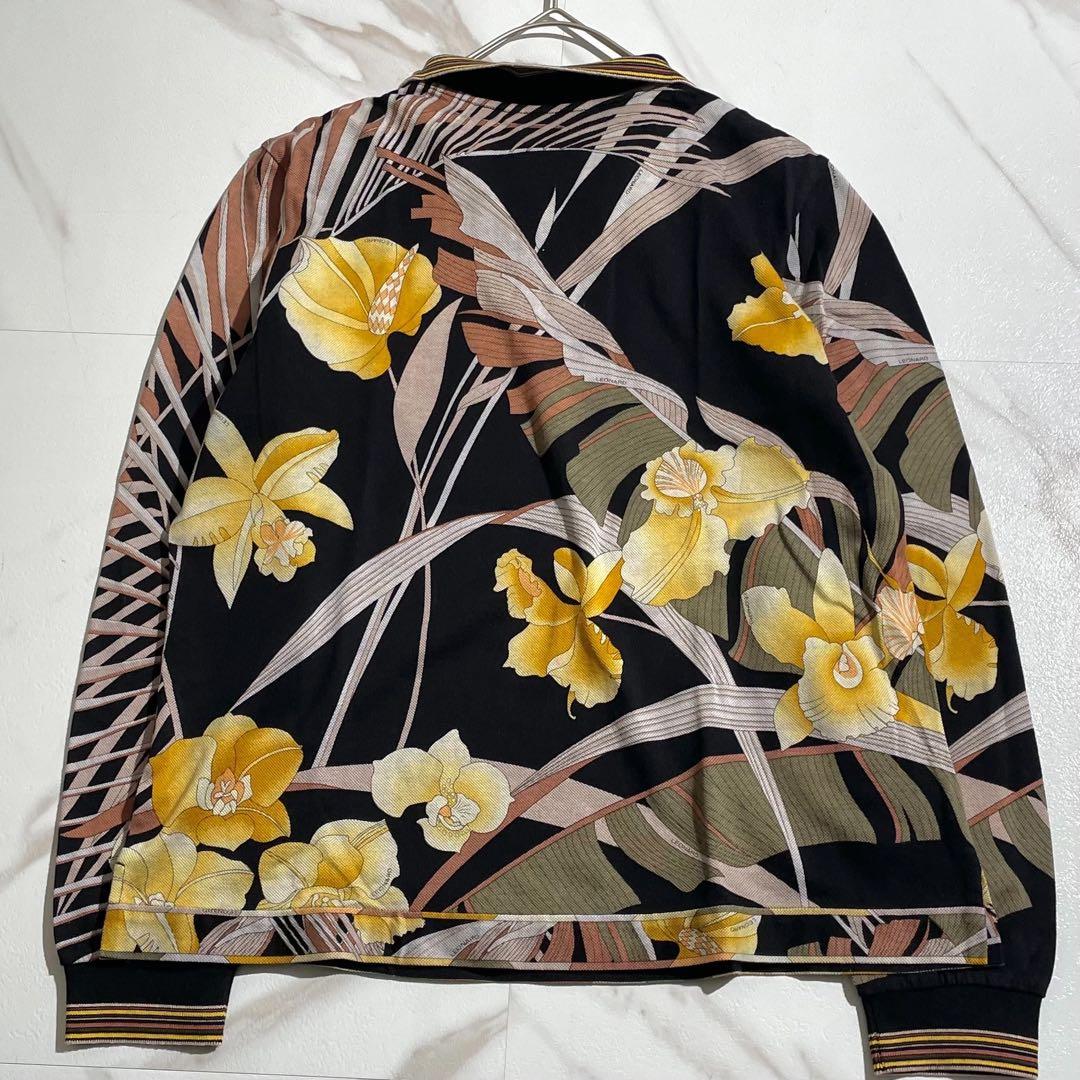 【希少】レオナール ハーフジップブラウス 花柄 トリム XLサイズ 黒 コットン