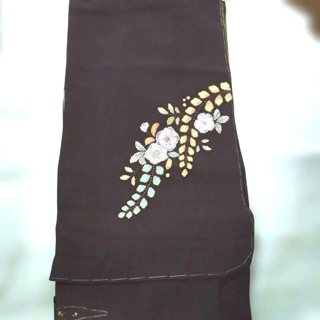辻が花着物美しい花柄刺繍濃いブラウン系とネイビー躾付き新品未使用品逸品
