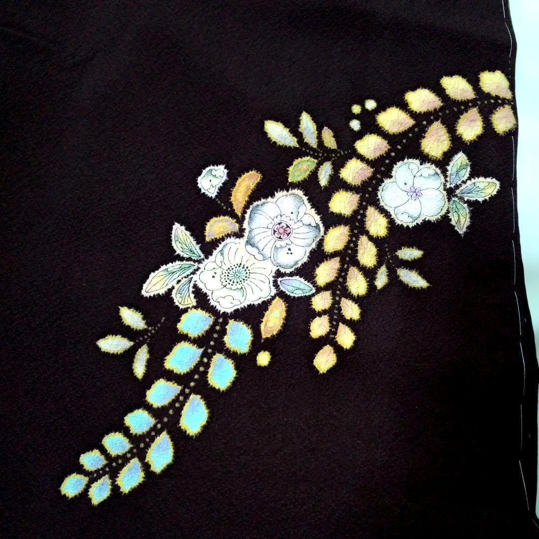 辻が花着物美しい花柄刺繍濃いブラウン系とネイビー躾付き新品未使用品逸品