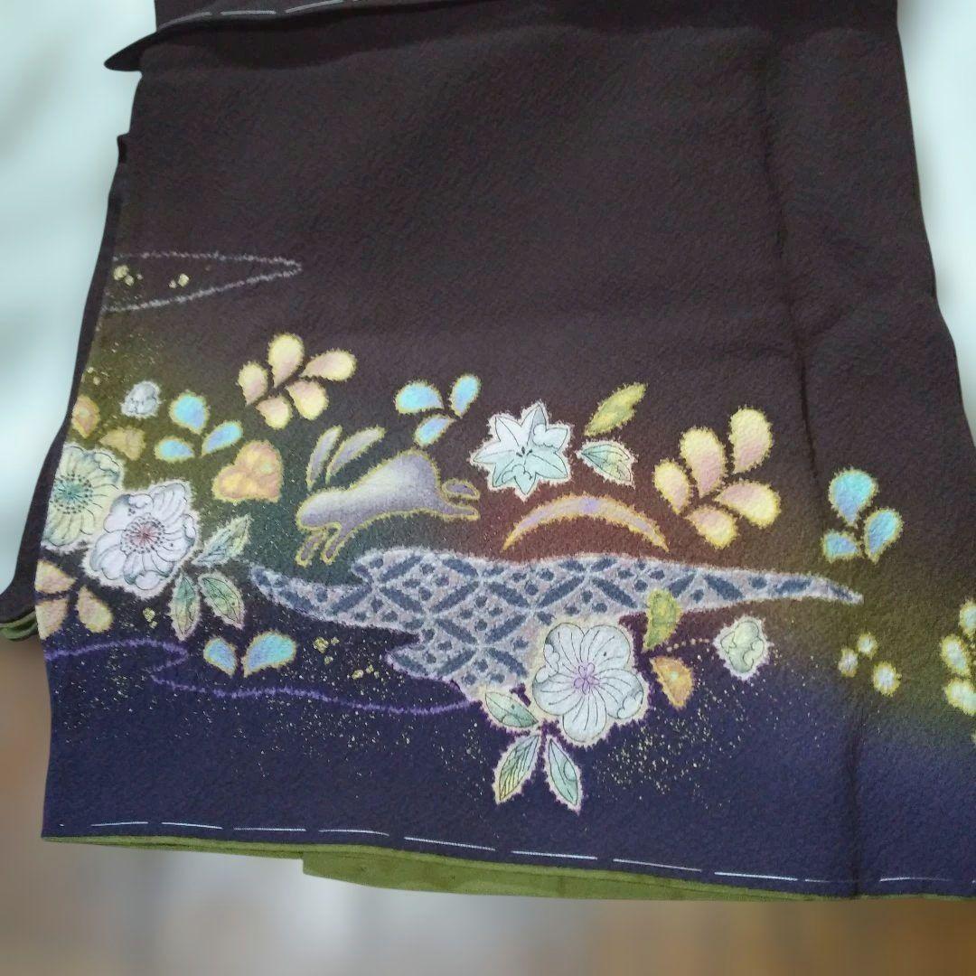 辻が花着物美しい花柄刺繍濃いブラウン系とネイビー躾付き新品未使用品逸品