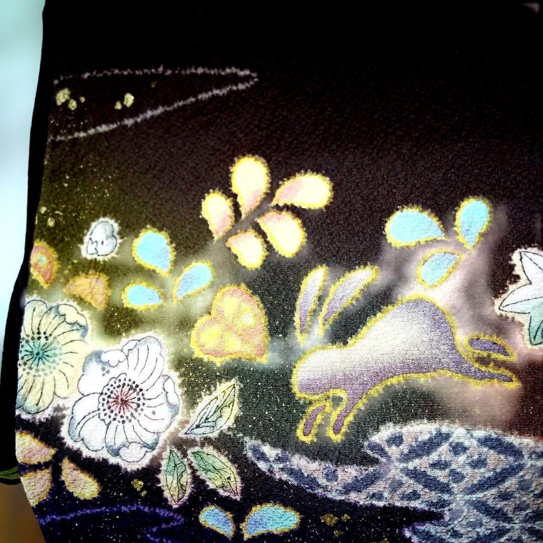 辻が花着物美しい花柄刺繍濃いブラウン系とネイビー躾付き新品未使用品逸品