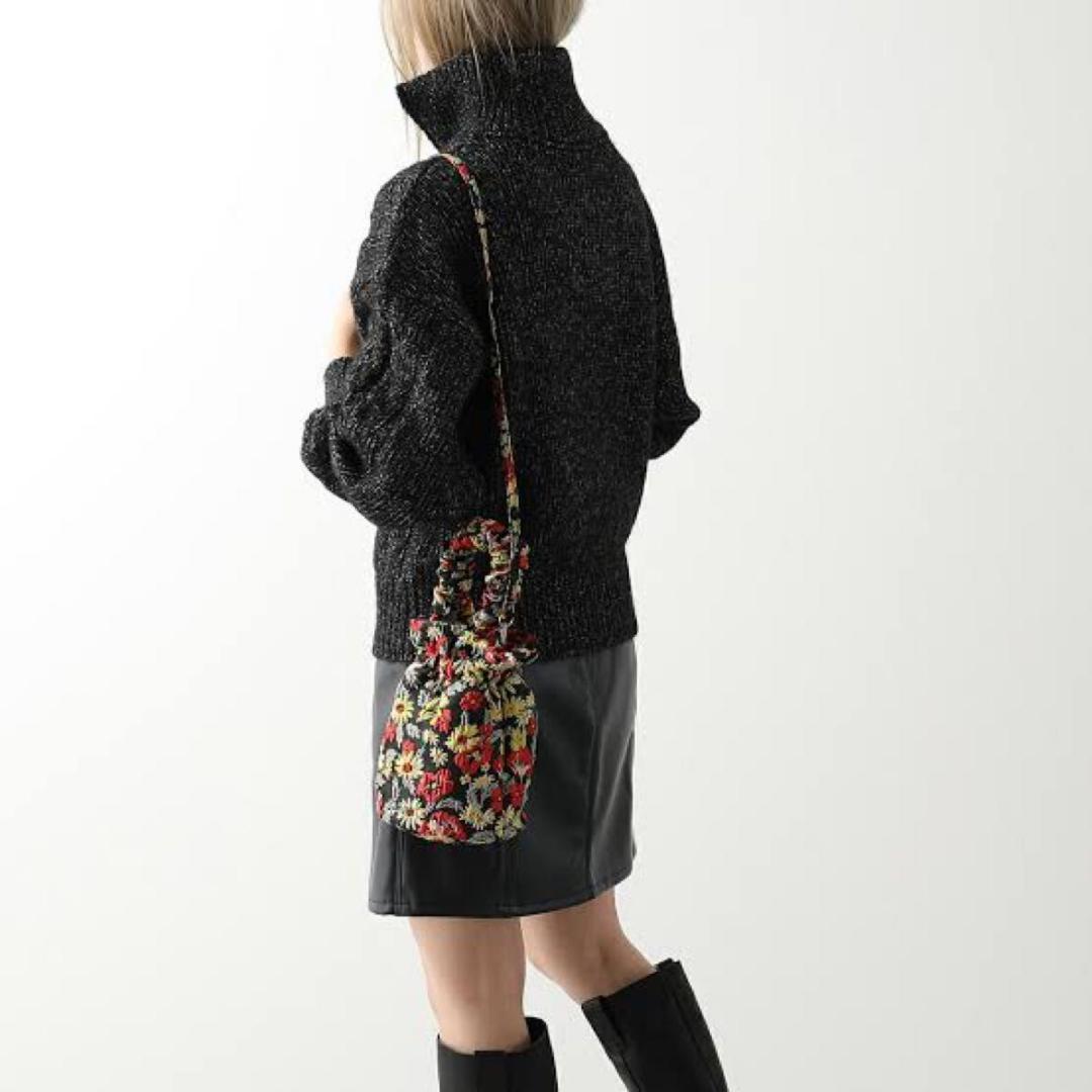 GANNI ボタニカル 巾着ショルダーバッグ　ブラック　刺繍　黒 ジャガード