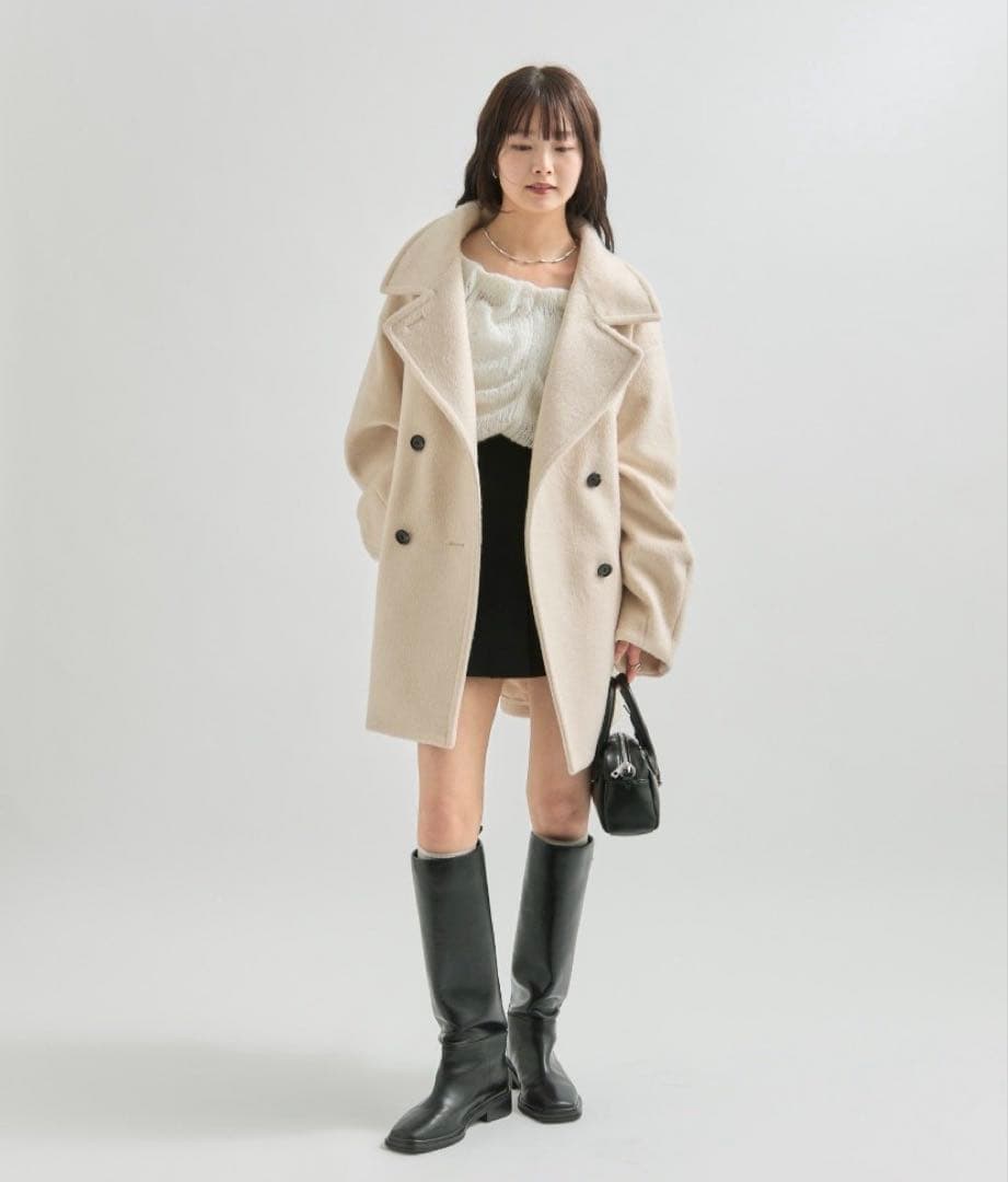 mystic ウール混 シャギーミドルコート　アイボリー