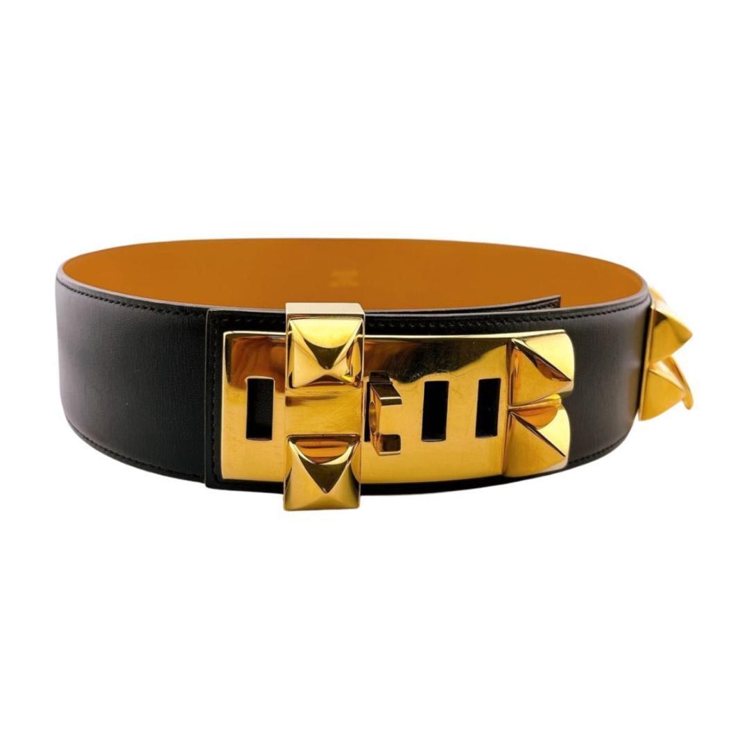 エルメス コリエドシアン メドール ベルト レザー ブラック ゴールド金具 70