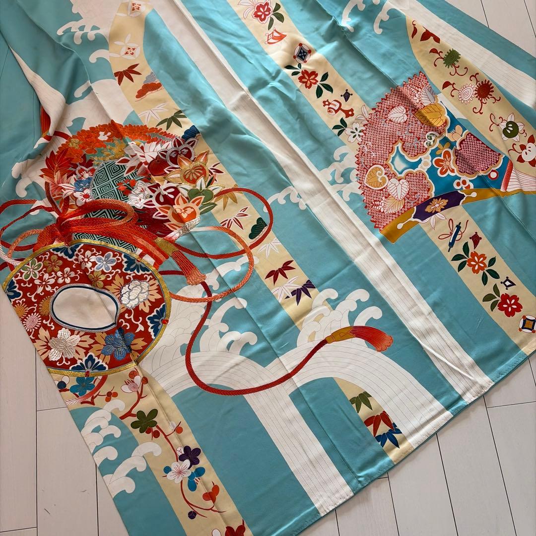 a*i様 ■E5787■アンティーク■正絹■水色　宝尽し柄　袷　小振袖■丈163