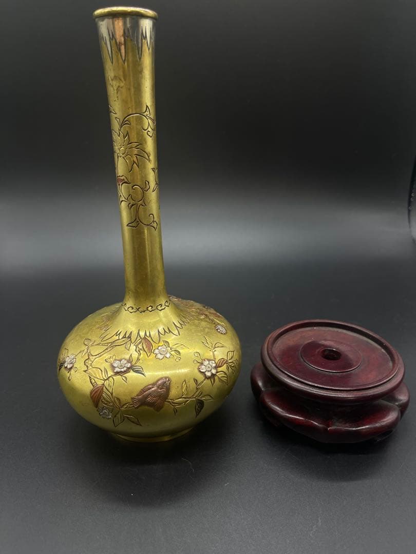 明治時代　金工　花瓶　金銀象嵌　骨董古美術