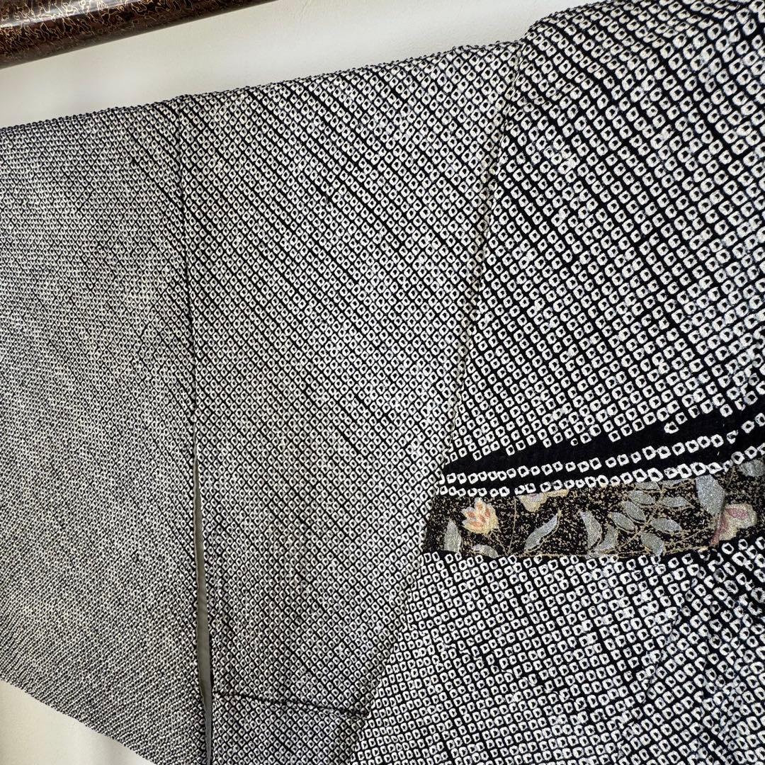 超美品　正絹　袷　訪問着　着物　黒　金　総絞り　刺繍　161裄65 花柄　川