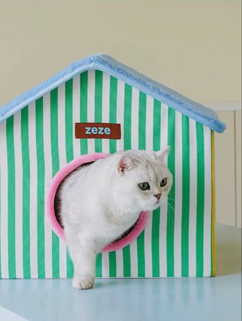 zeze キャットハウス 緑と黄色のストライプ