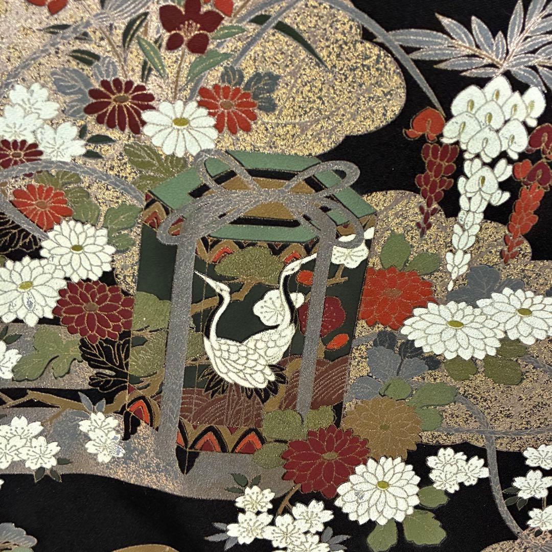D126 黒留袖 金駒刺繍 鶴 花模様 正絹 着物 袷 しつけ糸付き未使用極美品