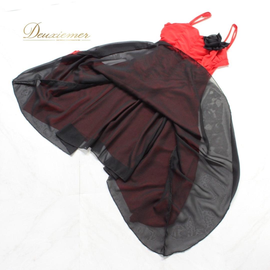 【美品 社交ダンス衣装】ワンピース ドレス ラテン 赤 黒 レッド ブラック