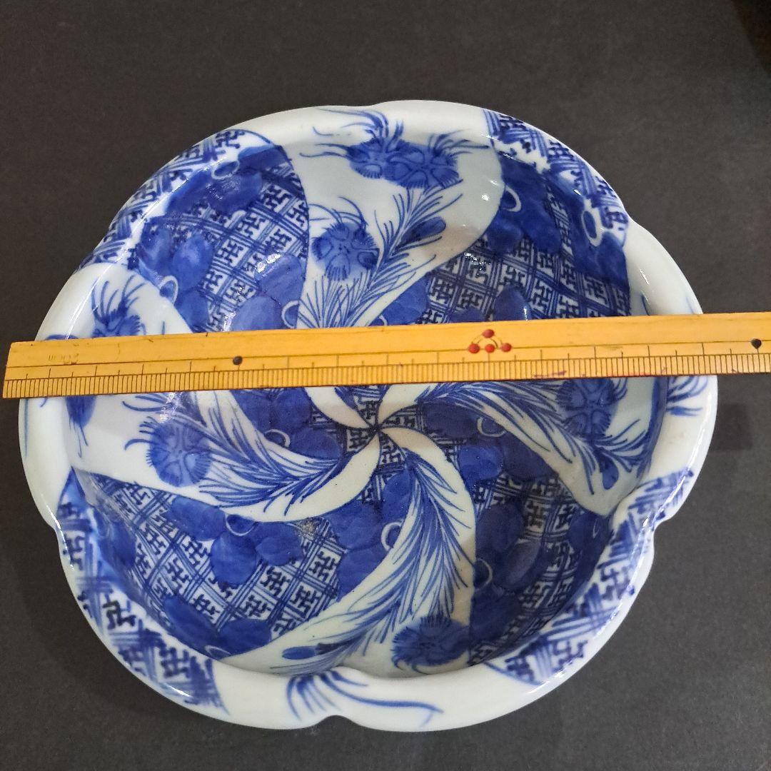 江戸中期　島津献上品　極上　肥前官調蔵製品　輪花　向付鉢　矢車草　染付青磁