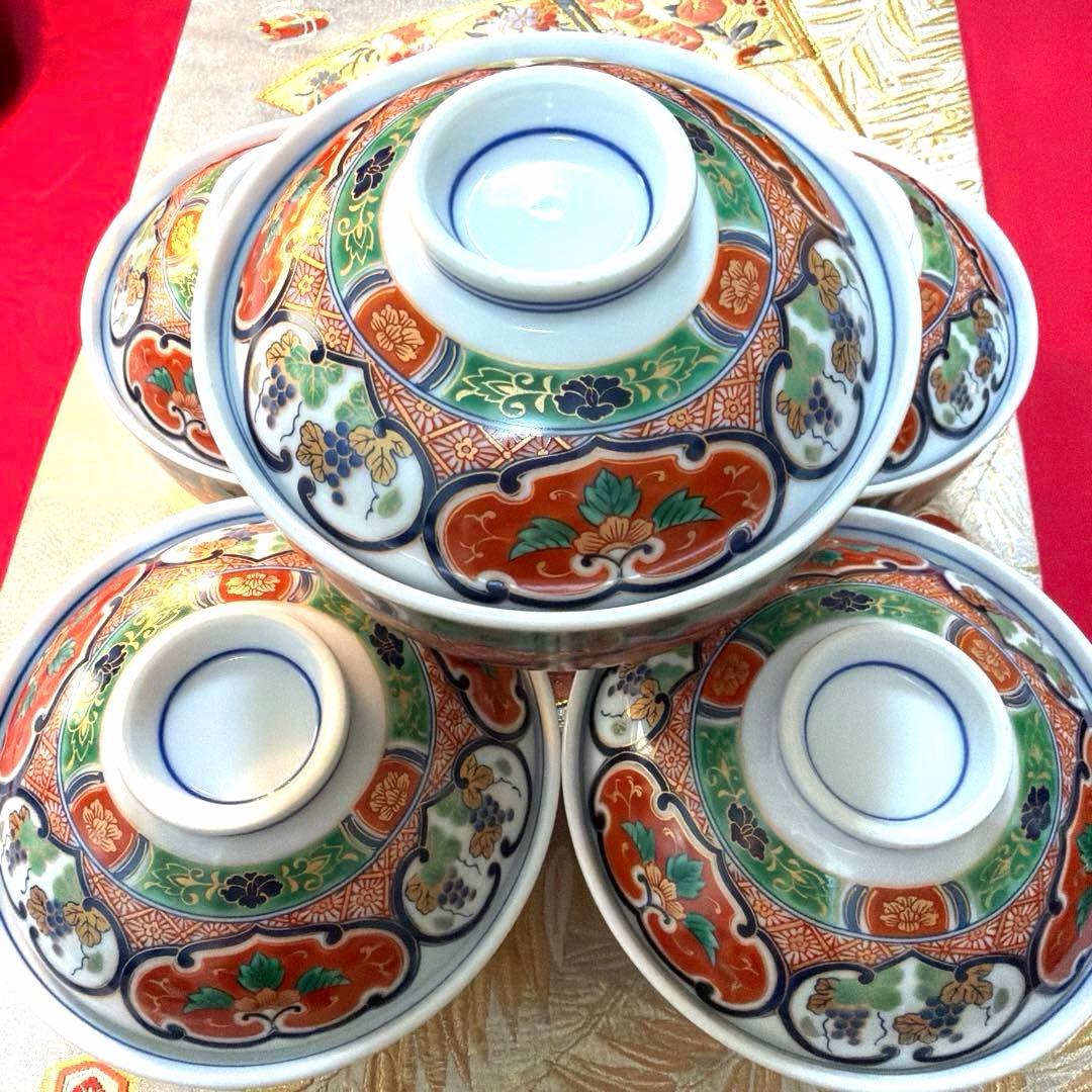 美品　南山蓋付き金彩小丼　希少　椿　金箔お椀　 各５客揃い　No.5-4