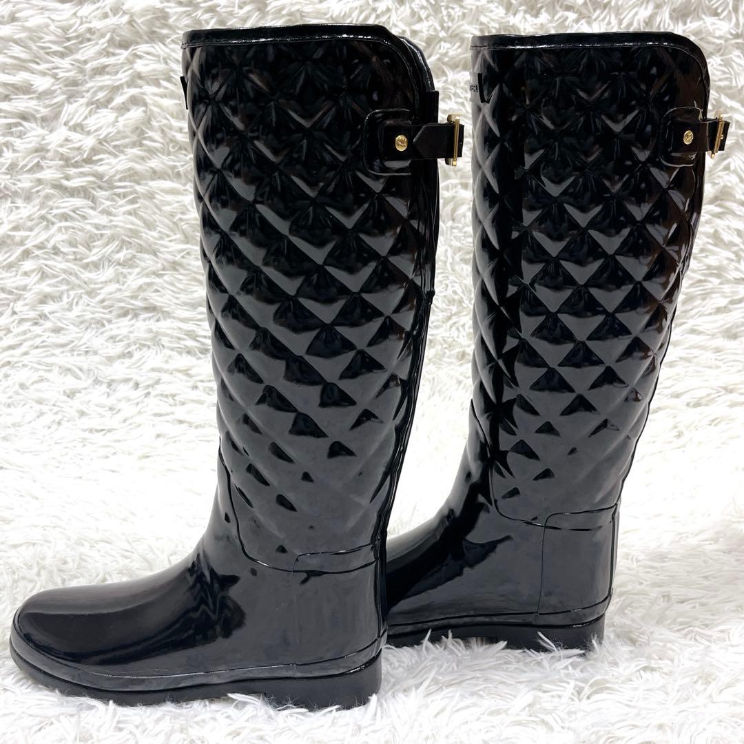 未使用級✨ハンター リファインドグロスキルトトールレインブーツ ブラック25cm