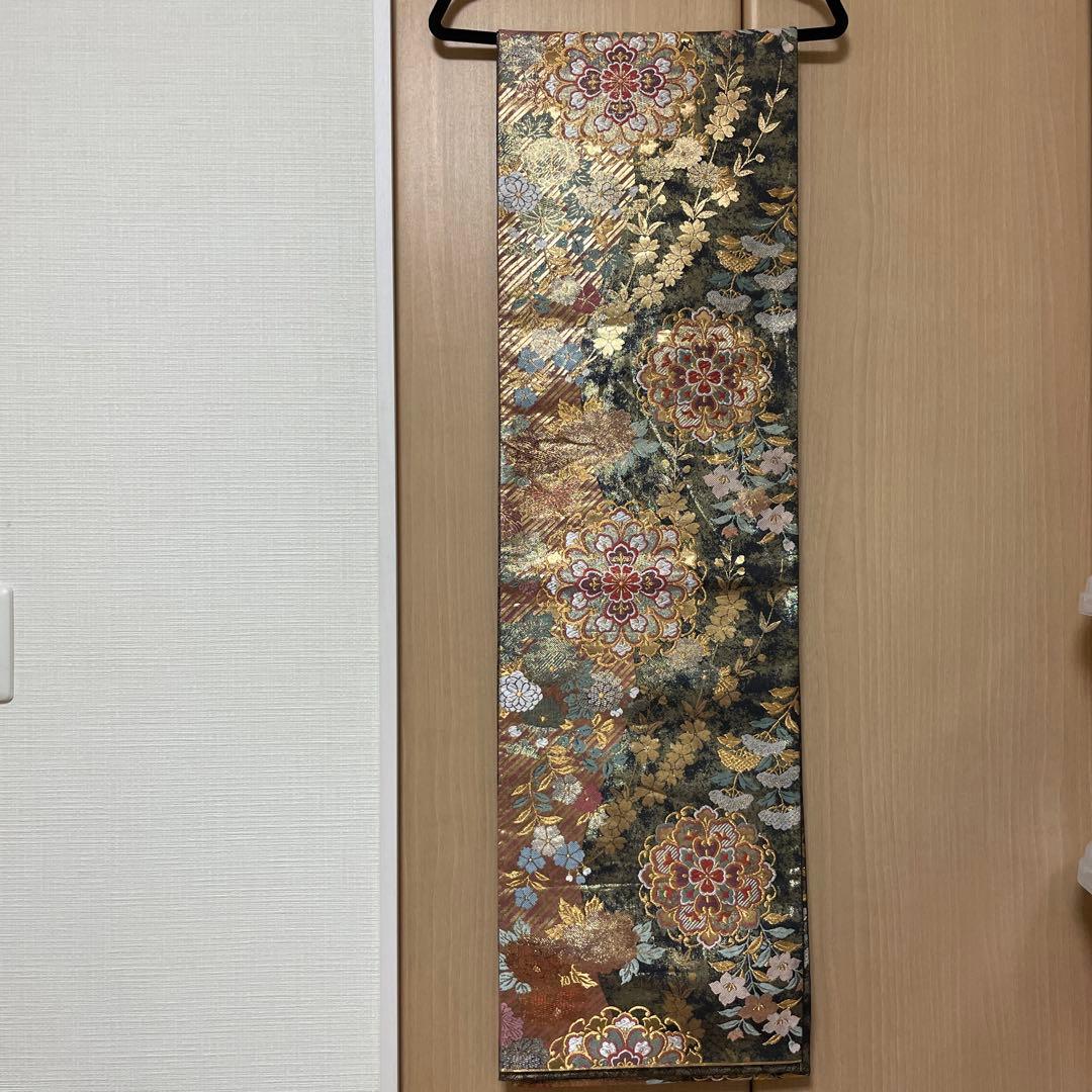 全通袋帯　華やか 袋帯 全通柄 正絹 リバーシブル 金糸