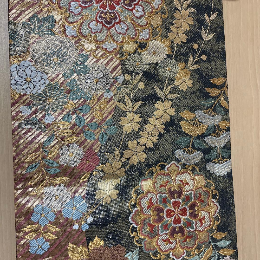 全通袋帯　華やか 袋帯 全通柄 正絹 リバーシブル 金糸