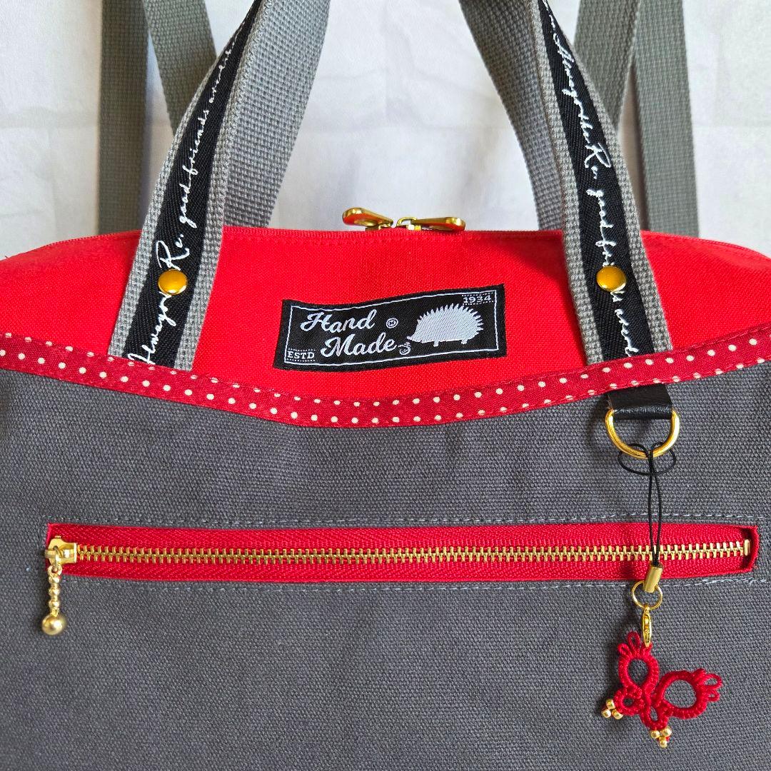 ボストン型3way バッグ(L)　帆布×ドット　ハンドメイド