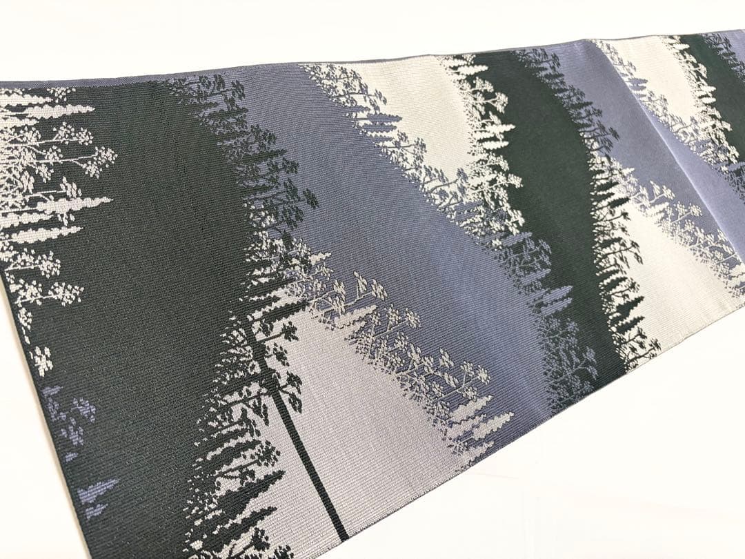 B 木屋太 風景模様 黒×紫×グレー 正絹 六通 袋帯 O38