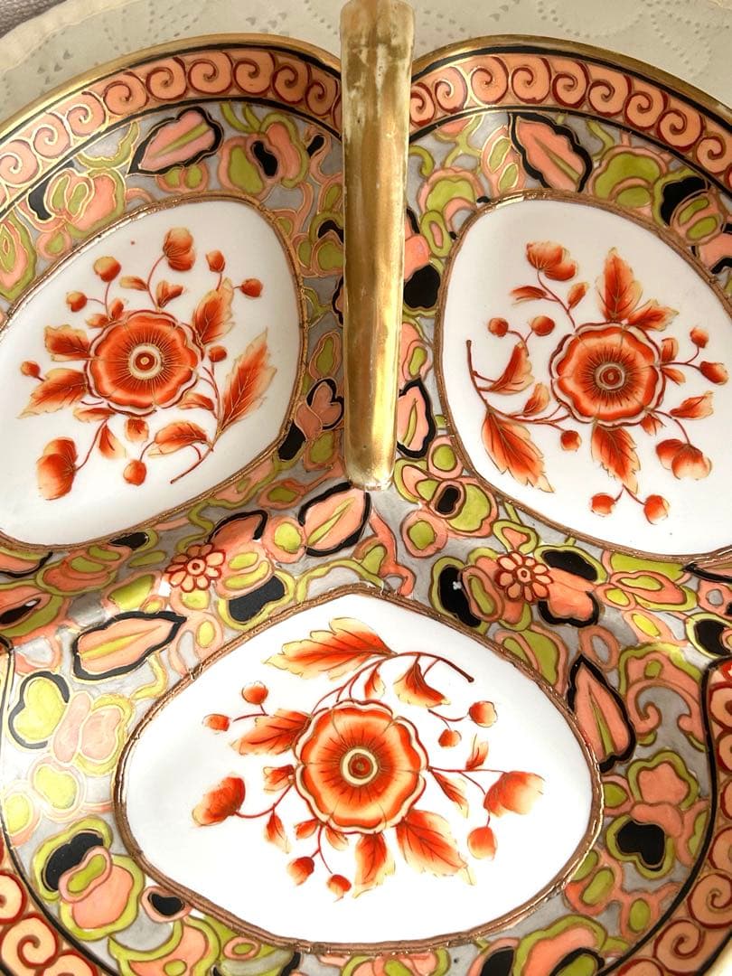 オールドノリタケ　大皿　ハンドル付き　手書き色絵　金彩金盛