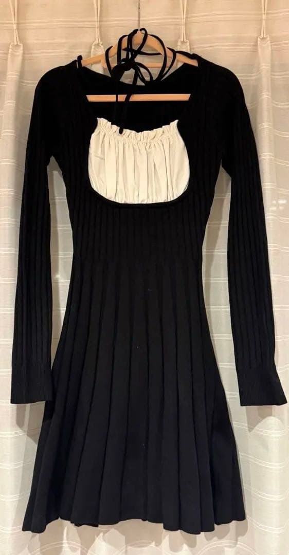 darichネックリボンデザインフレアニットミニワンピース BLK Free-L