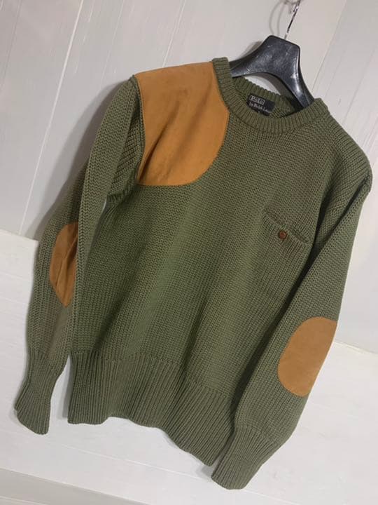 90'sヴィンテージラルフローレン国内正規革ガン&エルボーパッチニットセーターL