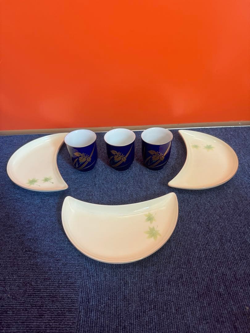 2029 深川製磁　グリーン楓半月皿3客　湯呑3客