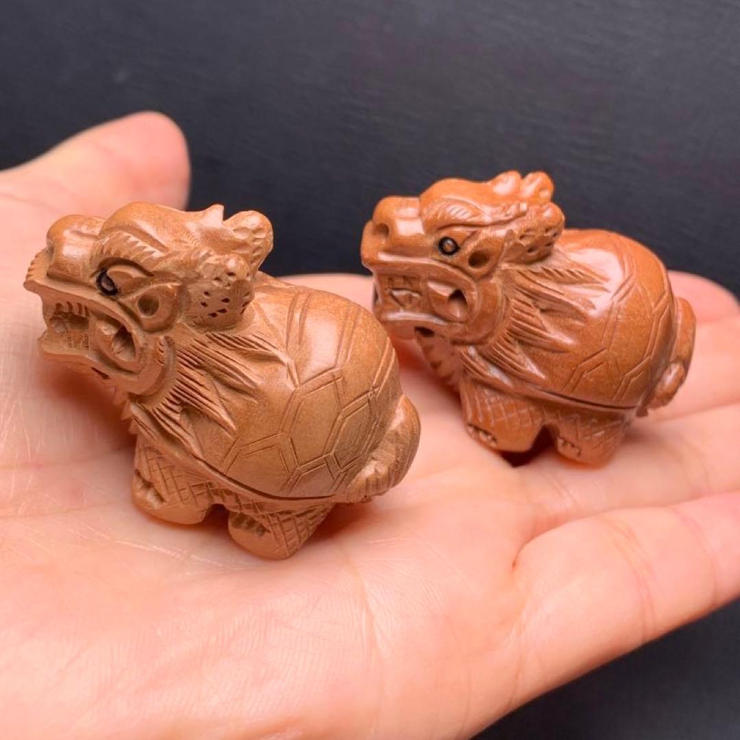 030519  天然桃の木龍亀置き物2個