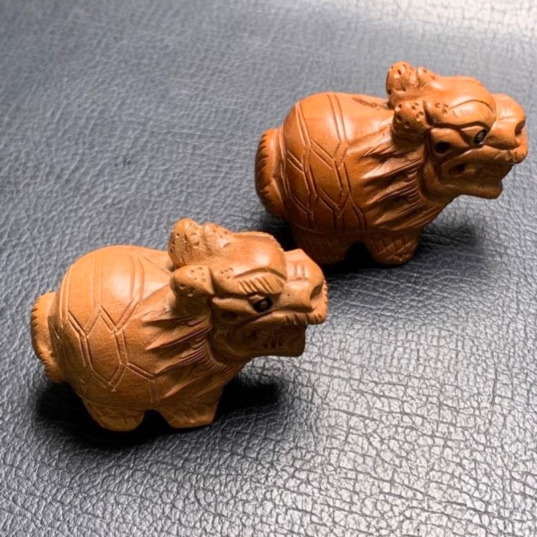 030519  天然桃の木龍亀置き物2個