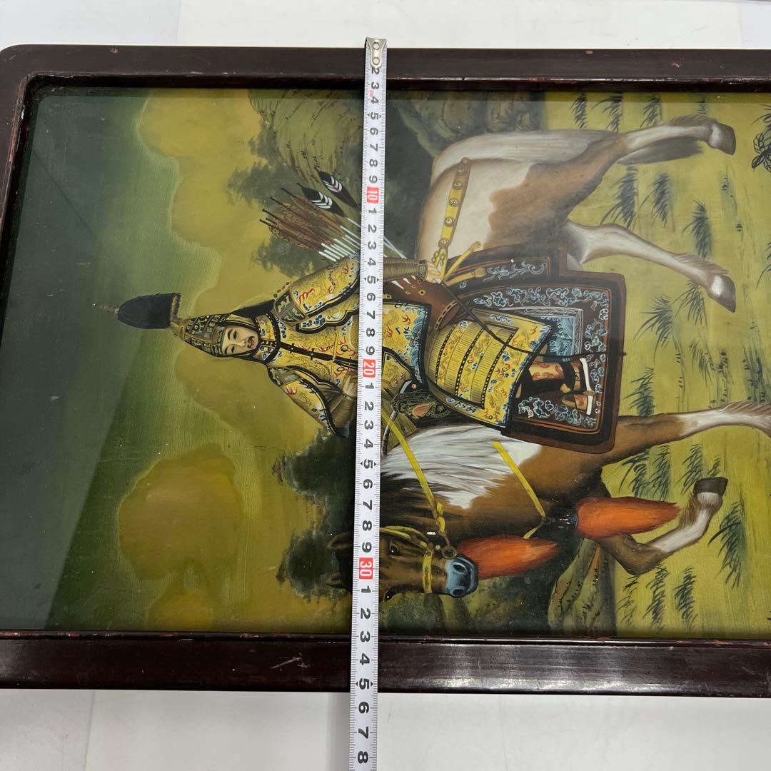 中国古玩　中国人物馬図　ガラス絵　金具込縦56㎝　東Y8-0205☆2F